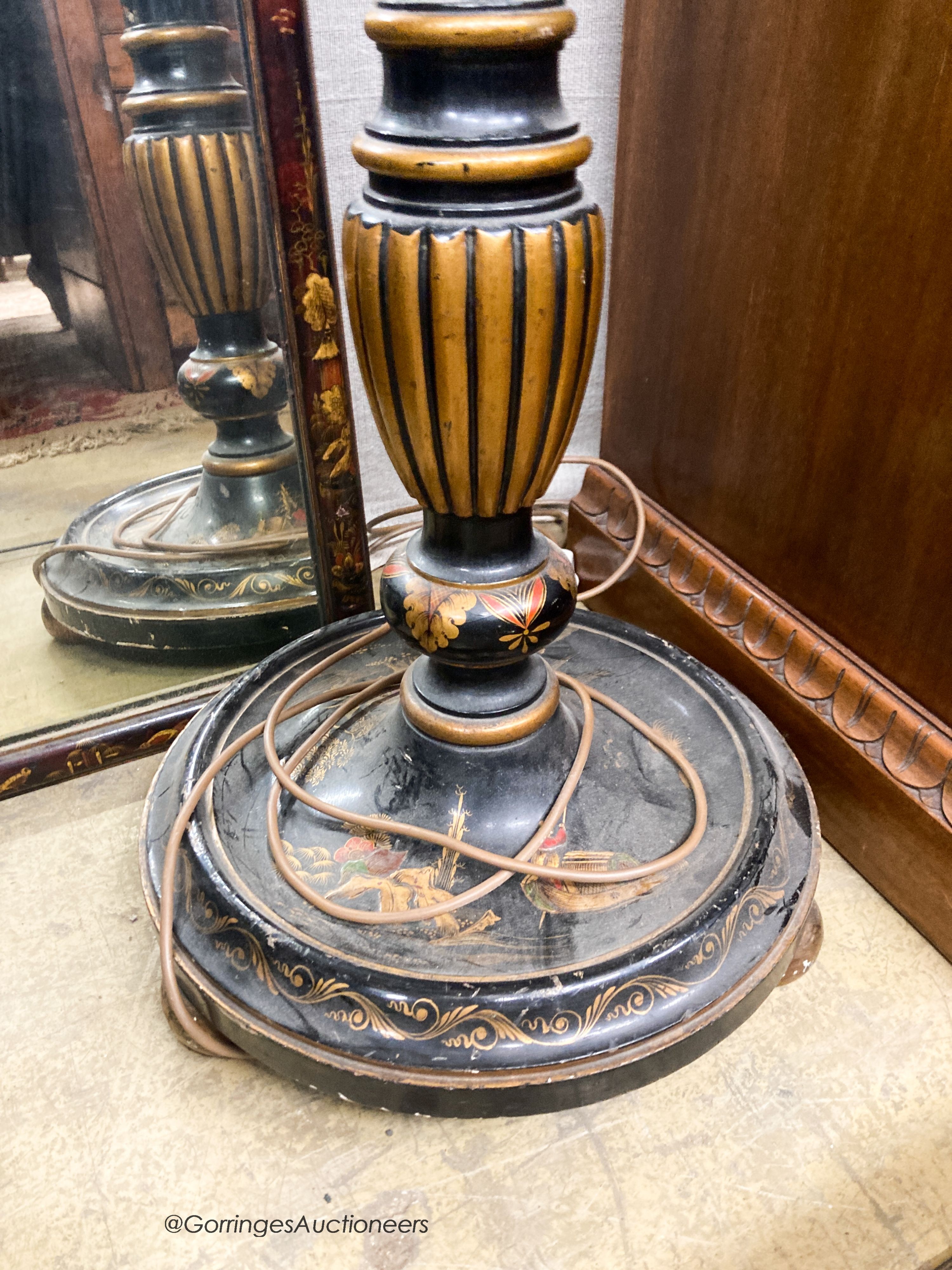 A 1930's lacquered lamp standard and a chinoserie lacquer robing mirror, W.38cm H.138cm